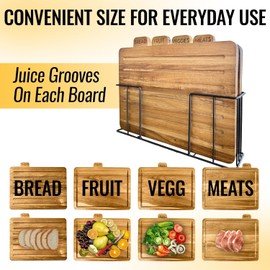 MODERNLYST Acacia Cutting Boards for Kitchen with Holder 13" x 11" x 2.5" | Labeled Wood Cutting Board Sets | Large Wooden Cutting Board Set of 4 with Gold Organized Stand | Non Toxic Chopping Board