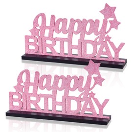 DecoGlee Glitter Pink Letter Happy Birthday Sign Centerpieces for Table Birthday Party Supplies Birthday Favor Decoration for 30th 40th 50th 60th 70th 80th 90th 100th Birthday Table Decoration