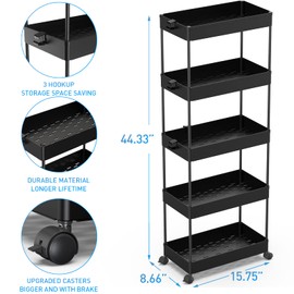 SPACEKEEPER 5-Tier Storage Cart, Bathroom Storage Organizer Rolling Utility Cart, Mobile Shelving Unit Slide Out Storage Shelves for Kitchen Living Room Bathroom Laundry Room & Dressers, Black