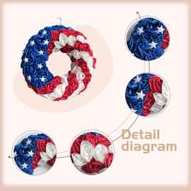 14 Inch Patriotic Roses Handcrafted Wreath, Artificial 4th of July Soft Touch Silk Roses and Metal Stars Wreath for Front Door, Memorial Day for Indoor and Outdoor