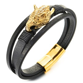 COOLSTEELANDBEYOND Men Gold Color Steel Vintage Wolf Head Three-Strand Black Braided Leather Bangle Wristband Bracelet