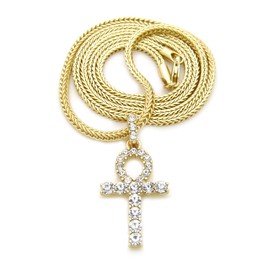 Micro Pave Egyptian Ankh Cross Pendant 24" Various Chain Necklace Gold Tone (2mm 24" Franco Chain)