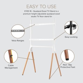POUT E16 TV Studio Display Mount - Solid Wood Easel Quad-Leg w/Height Adjustable White Bracket & Cable Ties - Max Load 88lbs 49 to 70 Inch LED LCD VESA Screens - Universal TV Stand Mount (Black)