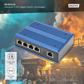DIGITUS Network Switch - 5-Port Gigabit Ethernet - DIN-Rail Mounting - Terminal Block - Fanless - Black/Blue