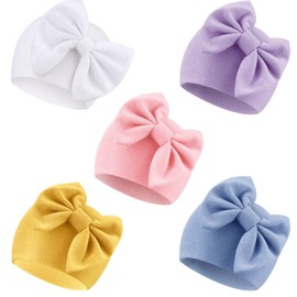 DRESHOW Newborn Baby Hats Hospital Hat Beanie Infant Bow Hats for 0-6 Months, 5 pack bow hats set 22-12uk