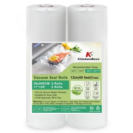 KitchenBoss Vakuumierfolie 2 Rollen 28x600cm：Profi Vakuumbeutel für Vakuumierer & Sous Vide, Vakuumbeutel Lebensmittel BPA-frei, Vakumierfolienrollen Reißfest und Kochfest