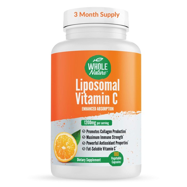 Whole Nature Liposomal Vitamin C Supplement Pills 1200 mg - High Absorption 180 Vegan Capsules Fat Soluble Vit C, Maximum Strength Immune System and Collagen Booster, Sunflower Lecithin , lypo spheric
