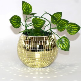 Disco Ball Planter,Disco Ball Vase,Disco Ball Bowl,Disco Ball Flower Pot,Disco Ball Candle Holder,Gold Mosaic Glass Mirror Ball Planter,Disco Decor Gifts for Grandma,Wedding,Party,Birthday,3*4*4 IN