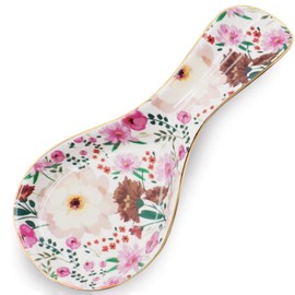 LEAZUL Ceramic Spoon Rest for Stove Top Kitchen Counter Large Spoon Holder Farmhouse Floral Flowers Print Coffee Spoon Cooking Utensil Tools Rest Modern Kitchen Decor