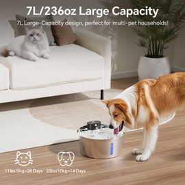 Wireless Dog Water Fountain for Large Dogs, 7L/236oz Stainless Steel Dog Water Bowl Dispenser, 6000mAh Battery Operated Cat Water Fountain Indoor with Motion Sensor, 6 Filters, BPA-Free