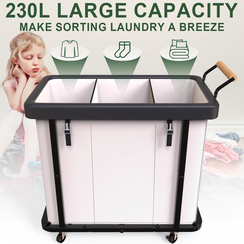 230L (60 Gal) Extra Large Fashion Laundry Sorter 3 Section