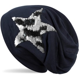 styleBREAKER Beanie hat with a Reverse Sequin Star appliqué, Long Slouch Beanie, Ladies 04024141, Color:Midnight-Blue/Dark Blue