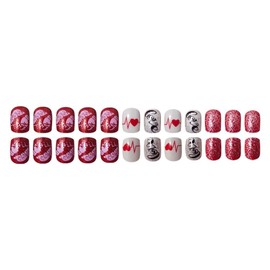 Valentines Press on Nails Short Square Fake Nails Love Heart Gradient Design Full Cover False Nails Cute Glitter Silvery Heart Artificial Nails Valentines Day Stick on Nails for Women Girls 24 Pcs