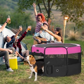 PETSFIT Dog Playpen, 45.5" Dia Pop Up Foldable Large Dog Kennel Indoor Outdoor Travel Portable Pet Playpen with Carring Case Zipper Removable Mesh Top Cover and Leakproof Playpen Bottom Mat Pink L