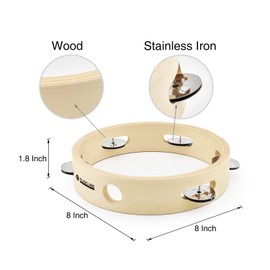 MUSICUBE 8-Inch Tambourine for Adults Kids Single Row Wooden Tambourine with Stainless Iron Jingles Educational Hand-Held Percussion Instrument Toys for Home School Party Supplies