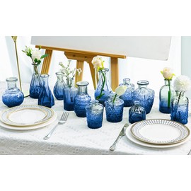 Blue Glass Bud Vase Set,20Pcs Small Glass Vase for Flowers, Blue Bud Set in Bulk,Mini Single Vintage Design for Centerpiece Rustic Wedding Decorations Home Table Flower Décor