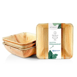 Wiseware Palm Leaf Plates Deep - Pack of 25 Deep Disposable Plates Square Deep 100 ml - Biodegradable Serving Bowl - Compostable Party Tableware - Salad Bowl - Disposable Tableware (10 x 10 cm)