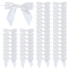 White Twist Tie Bows for Treat Bags 2.7" Pre-Tied White Bows White Satin Ribbon Bows for Gift Wrapping Premade Bows for Crafts Party Tying The Knot Bridal Shower Bachelorette Party Decor(50 Pcs)
