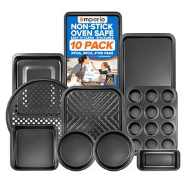 Emporio Kitchen Stackable Baking Pan Set - Nonstick Gray Coating, Carbon Steel Bakeware Sets, PFOA, PFOS, PTFE Free, Recipe Booklet Included, Oven Safe Tray (Up To 450° F), Set of 10 - Black