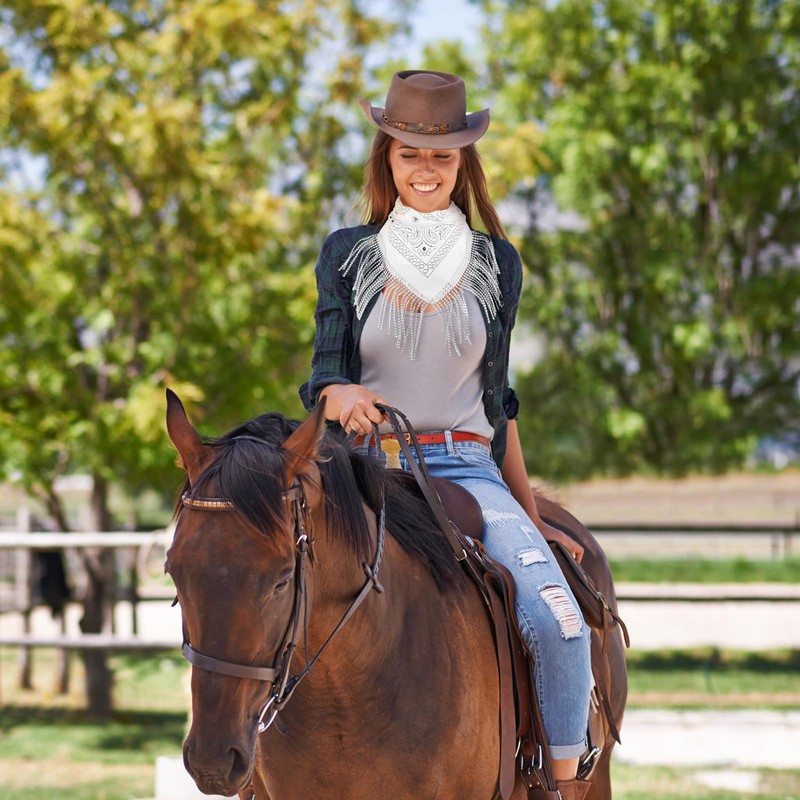 YUXMU 2 Pcs Rhinestone Fringe Bandanas, Black White Western Cowgirl