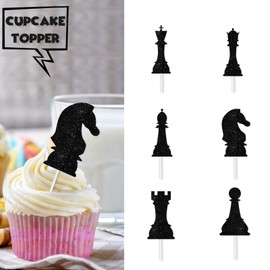 18pcs Black Glitter International Chess Silhouettes Dessert Cupcake Topper Baby Shower Board Game Theme Decor Supplies Boys Girls Happy Birthday Decorations