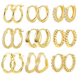 Gold Hoop Earrings Set, 9 Pairs Multipack Small Gold Hoop Earrings for Women, 14k Real Gold Plated Hoop Earrings with AAA+ Cubic Zirconia Twist Heart Hypoallergenic Piercing Cartilage Hoops