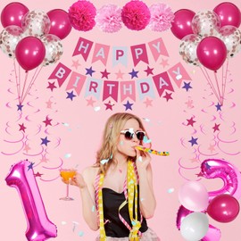 NANINUNENO 12th Birthday Decorations for Girls, Pink 12 Happy Birthday Balloons Supplies Including Pink Happy Birthday Banner, Hot Pink 12 Number Balloons, Pink Star Streamers, Hanging Swirls