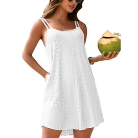 ATTRACO Beach Dresses for Women Beach Cover up Tank Dress Casual Dress with Pockets Summer Ladies Sun Dress White M