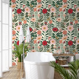 HAOKHOME Floral Peel and Stick Wallpaper Boho Wall Paper Removable for Bedroom Beige/Pink/Red Contact Paper 17.3in x 9.8ft