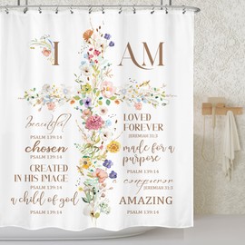 LIGHTINHOME Inspirational Shower Curtain 60Wx72H Inches,Christian Bible Verses Bathroom Decor, Floral Scriptures Motivative Farmhouse Quotes Cross Words Waterproof Polyester Home Decor Set with Hooks