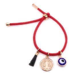 18K Gold Plated Saint Benedict Red String Bracelet Adjustable Charm Evil Eye & Dainty Genuine Azabache Hand