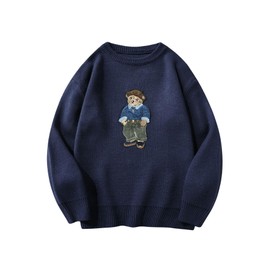 SHENHE Men's Oversized Crew Neck Cute Bear Sweater Vintage Unisex Preppy Sweater Jumper Deep Blue Large