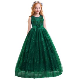 Little Big Girls’Tulle Retro Vintage Dresses Flower Lace Pageant Party Wedding Floor Length Dance Evening Gown Green #2 9-10 Years