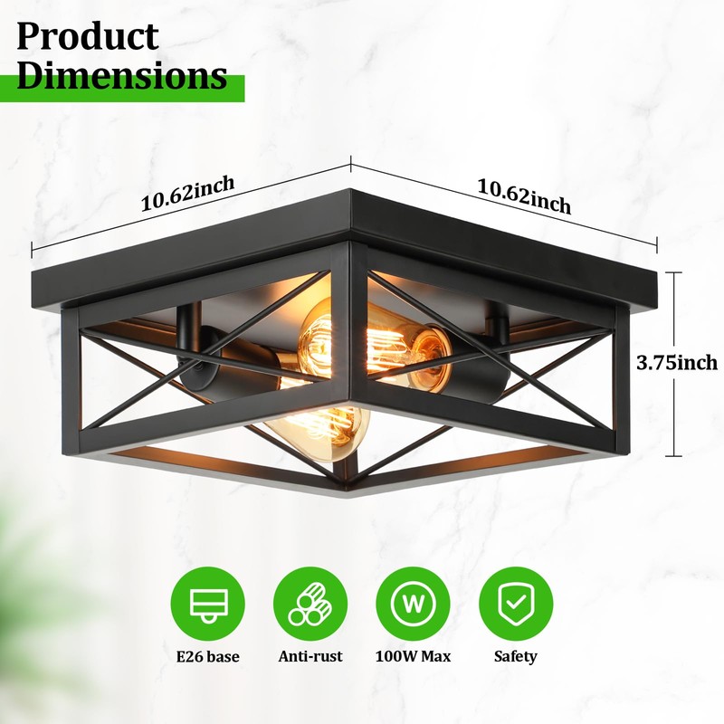 Kondras 2-Light Farmhouse Ceiling Light Fixture, Industrial Square Flush Mount