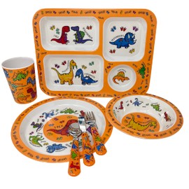 Dinosaur Dinner Set 5 Piece Kids Dinner Set Tableware Lunch Reusable Plate Cutlery Bowl Tumbler Cup Tray Lightweight Premium Dinnerware Set HTUK