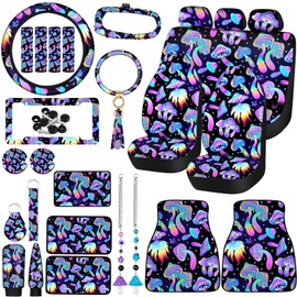 Fabbay 26 Pcs Mushroom Car Seat Covers Set with Protectors Steering Wheel Seat Belt Cover Floor Mat Armrest Cushion Key Chains Auto Interior Accessories for Women(Rainbow)