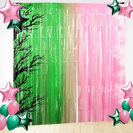 Tingjoo Witch Party Decorations 3.28 x 6.56 ft Pink and Green Tinsel Foil Fringe Curtains Witch Birthday Party Supplies Movie Party Backdrop for Baby Shower Decorations Photo Props (3 Pcs)