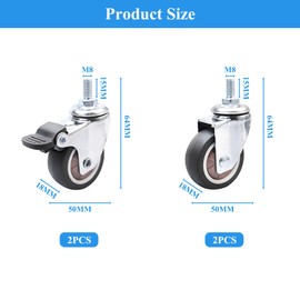 Swivel Castors for Furniture, M8 Furniture Castors, Small, 2 Wheels with Brakes and 2 Without Brakes, 360° Rotatable, Non-Slip Rubber Castors for Indoor Outdoor Furniture (2 Inches)