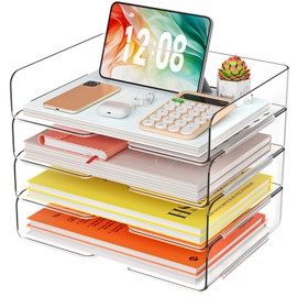 YKLSLH 4 Trays Paper Organizer Letter Tray - Acrylic Desk File Organizer, Stackable Clear Paper Holder Sorter Office Organizer for Letter/A4, Office File Ipad Books Notes Etc