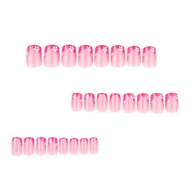 Short Press on Nails Pink Fake Nails Flower False Nail with Glitter Design French Tip Glue on Nails Glossy Full Cover Artificial Acrylic Nude Stick on Nail for Women Girls Mnaicure 24pcs
