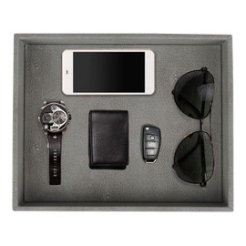 HofferRuffer Decorative Desktop Organizer Tray, Bathroom Vanity Tray, Storage Jewelry Perfume Dresser Tray, Catchall Tray for Change Coin Key, 10.2 x 8.4 x 1.8 inches (Dark Grey Faux Leather Shagreen)