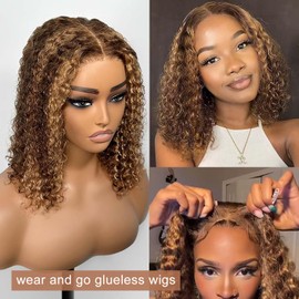 Wear and Go Glueless Curly Wigs Human Hair Pre Plucked 4/27 Highlight Blonde Deep Wave Bob Wig Human Hair Wigs for Black Women 180 Density Pre Cut 5x5 HD Lace Closure Bob Wigs Human Hair 12inch