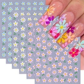 6 Sheets Daisy Flower Nail Art Stickers Decals 3D Self-Adhesive Daisy Blossoms Nail Decals White Blue Pink Floral Nail Design Spring Summer Nail Supplies Charms for Nail Art Manicure Tips Decoration