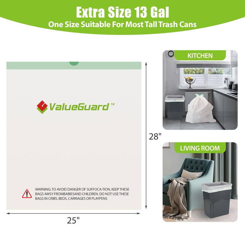 ValueGuard Large Trash Bags 13 Gallon Tall Drawstring 100% Post-Consumer
