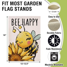 Artofy Spring Summer Bumble Bee Sunflower Small Decorative Garden Flag, Bee Happy Flower Floral Yard Lawn Outside Decor, Honeybee Seasonal Burlap Outdoor Home Decoration Double Sided 12 x 18