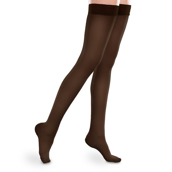 Sheer Ease Women's Thigh High Stockings - 15-20mmHg Mild Compression Nylons (Cocoa, Medium Short)