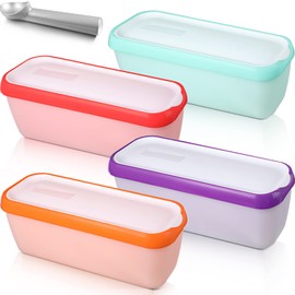 Nuenen 4 Pcs Reusable Ice Cream Containers with Lids and a Scoop 1.5 Quarts Plastic Rectangle Dessert Storage Tubs Homemade Ice Cream Storage Containers for Freezer Kitchen Refrigerator (Cute Colors)