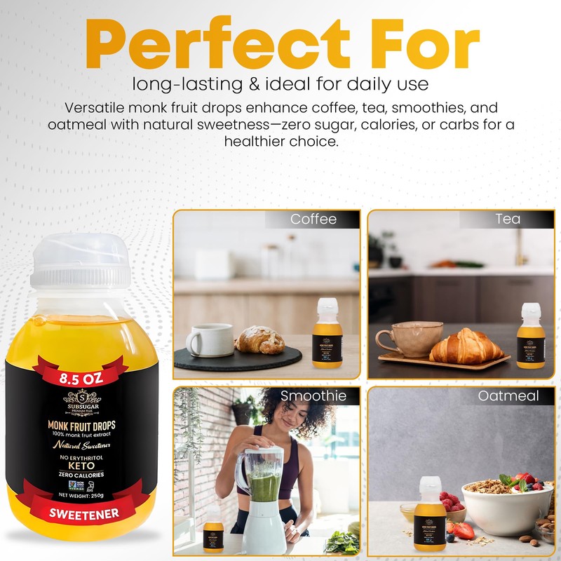 SubSugar 100% Monk Fruit Drops Pure Liquid Monk Fruit Sweetener,