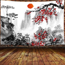 JAWO Japanese Decor Tapestry, Cherry Blossom Tapestry, Wall Tapestry Japanese Nature Landscape Wall Decor Japanese Backdrop Wall Tapestry for Living Room Home Decor(60X40 inch, Red)