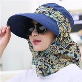 Gorra de visera de ala ancha para mujer, protección UV UPF 50+, sombrero de sol con solapa de cuello de velo desmontable y corona, sombrero de playa de verano, Azul oscuro, One Size